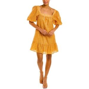 Marie Oliver Silk Blend Puff Sleeve Kaylee Dress in Desert Orange Plaid S